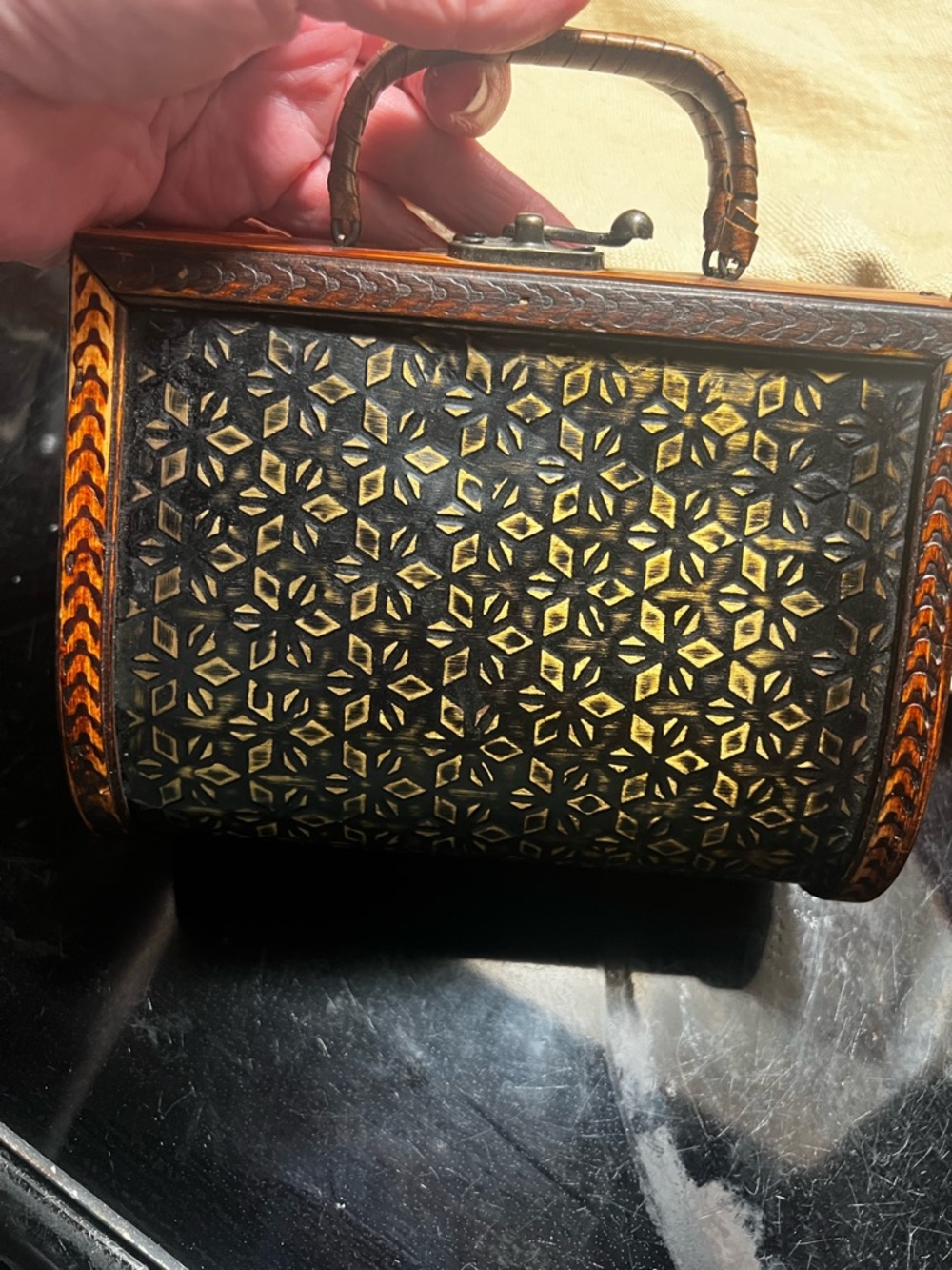 Vintage Handcrafted Black & Gold Floral Pattern Top-Handle Women's Bag wooden